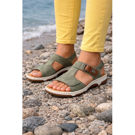 Sandały damskie Rieker 66280 zielone komfort  na rzep lato